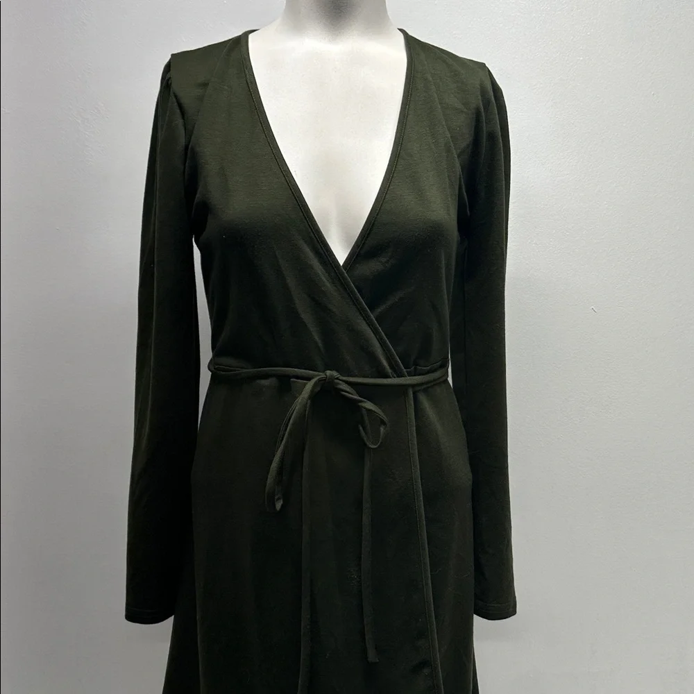 Emerson Fry Ballet Wrap Dress Adjustable Tie Waist Puff Sleeve Olive Green XS